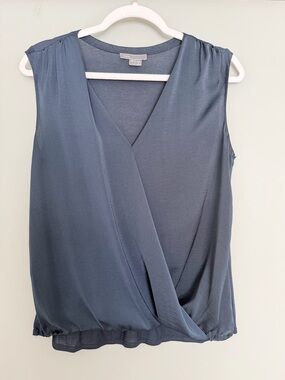 Vince Faux Wrap Front Silky Navy Blue Sleeveless Top